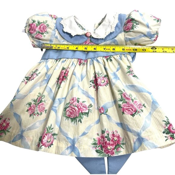 Vtg Cottage core Baby Prairie Twirl Dress Bow Collar Girl Cabbage Rose Lace Trim - Picture 6 of 11